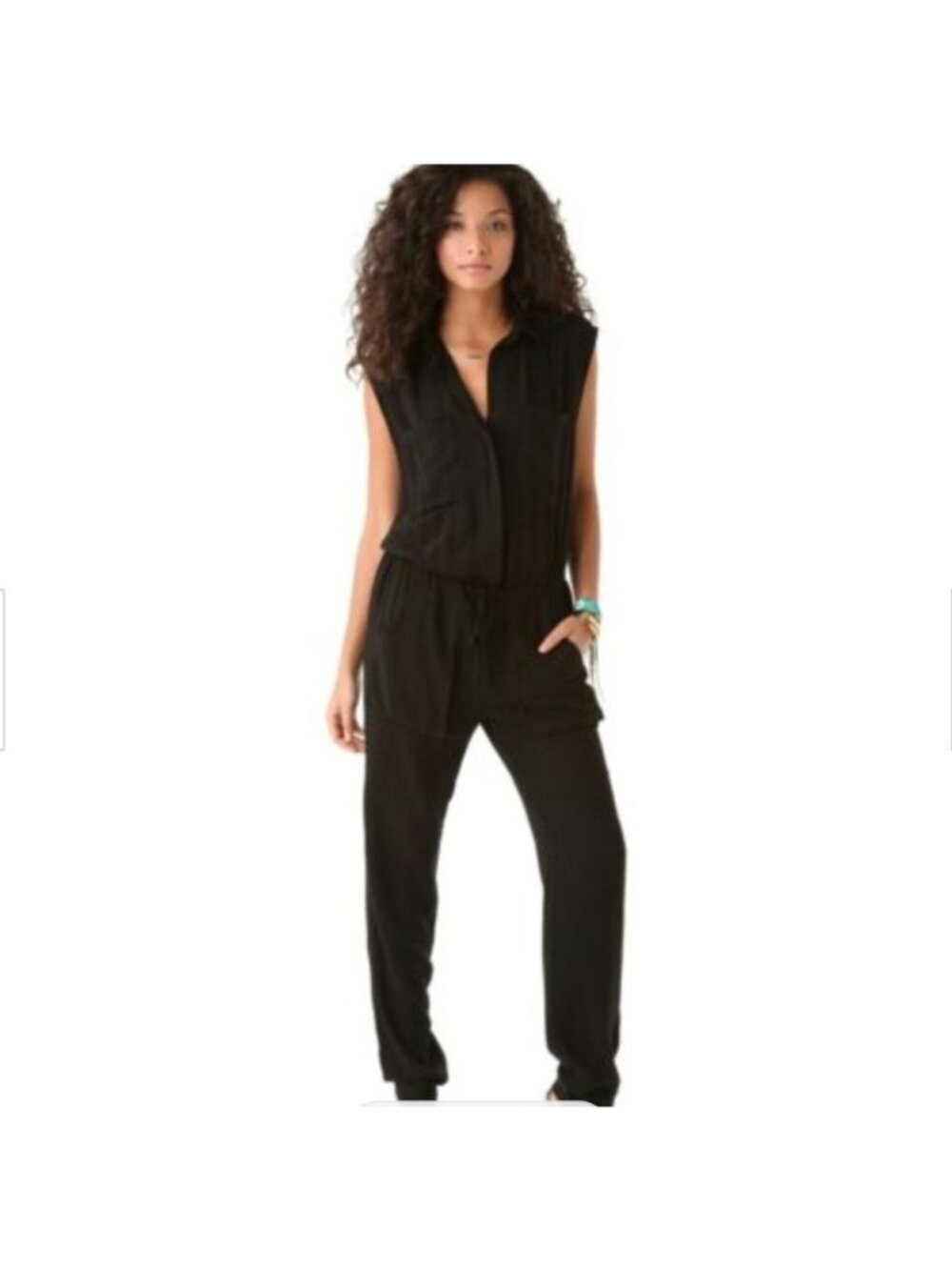ENZA COSTA Black Sleeveless Challis Utility Drawstring Waist Jumpsuit - Size M
